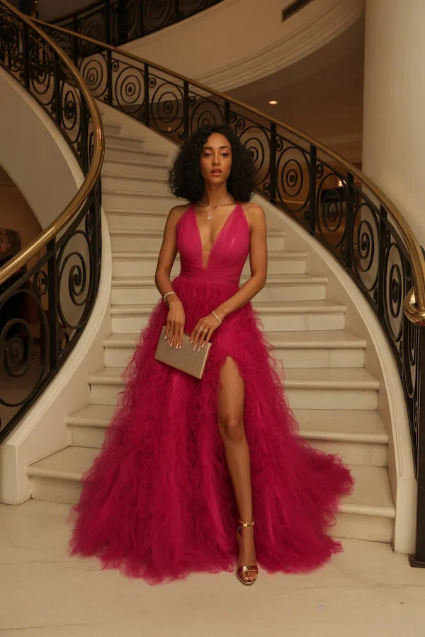 Fuchsia Tulle Gown with Deep V-Neckline and Front Slit