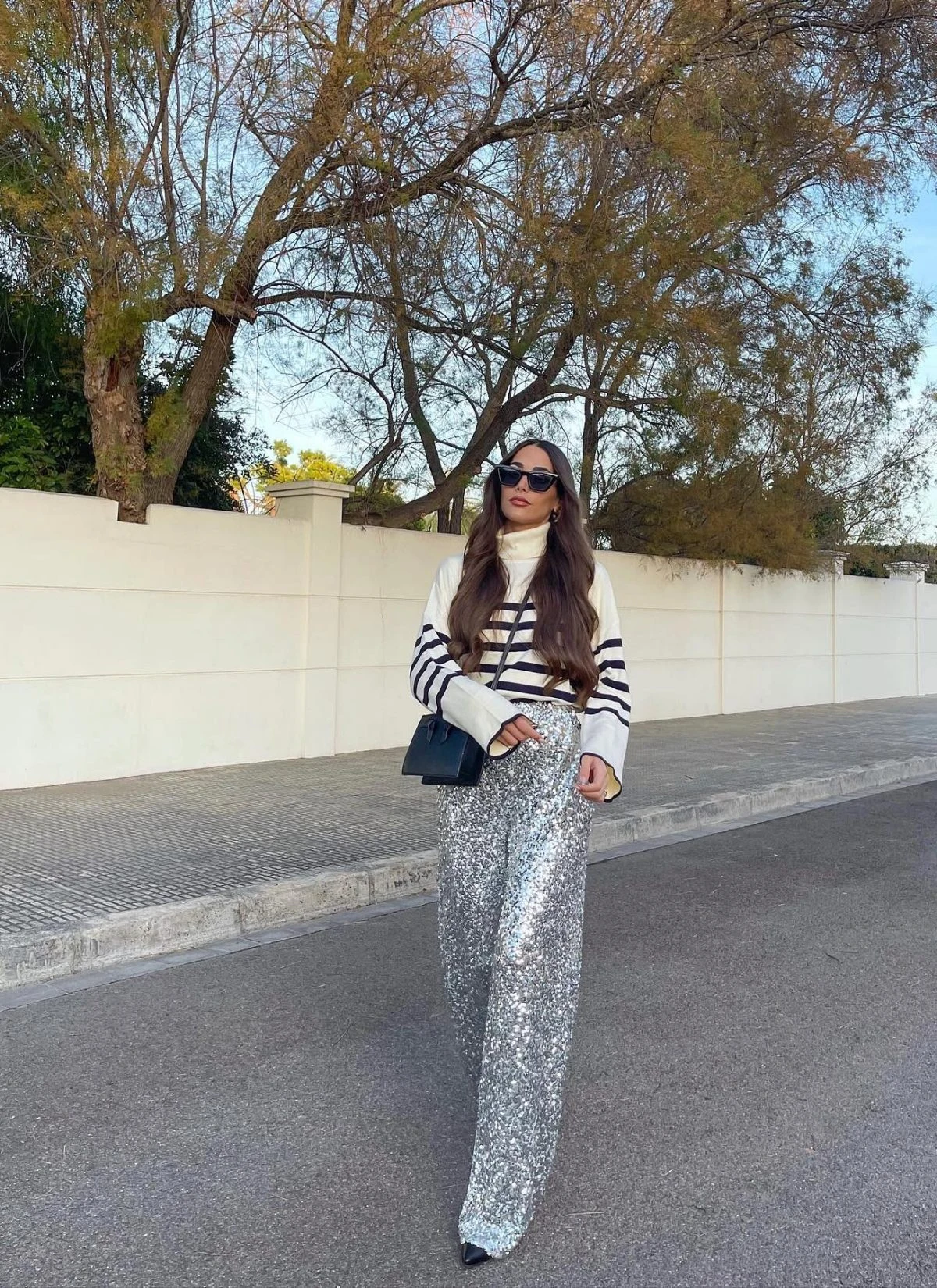 Silver Sequin Wide-Leg Trousers with Striped Sweater Outfit