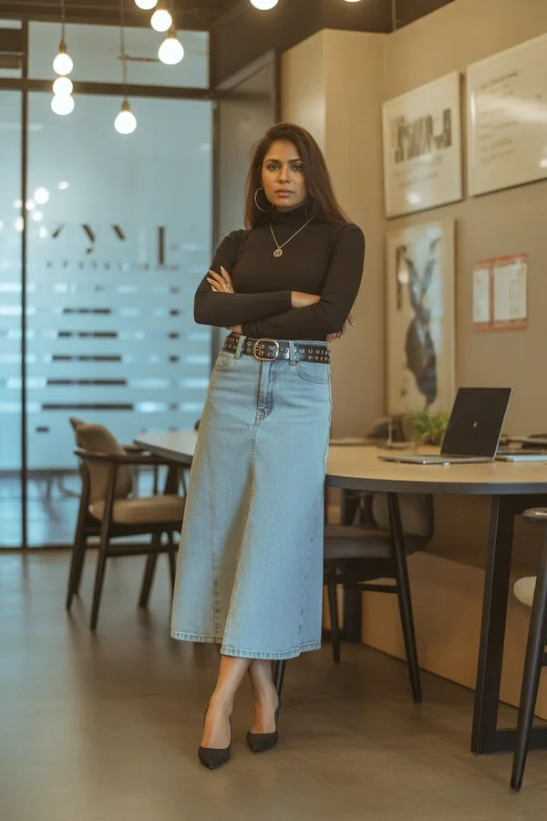 Black Turtleneck Wide-Leg Denim Skirt with Western Belt