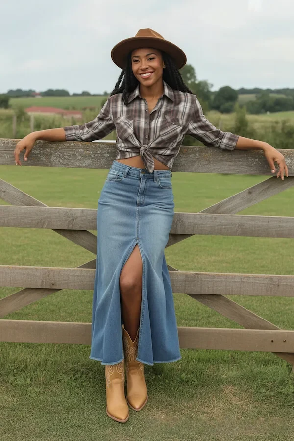 Plaid Shirt Denim Maxi Skirt Outfit with Cowboy Boots and Fedora