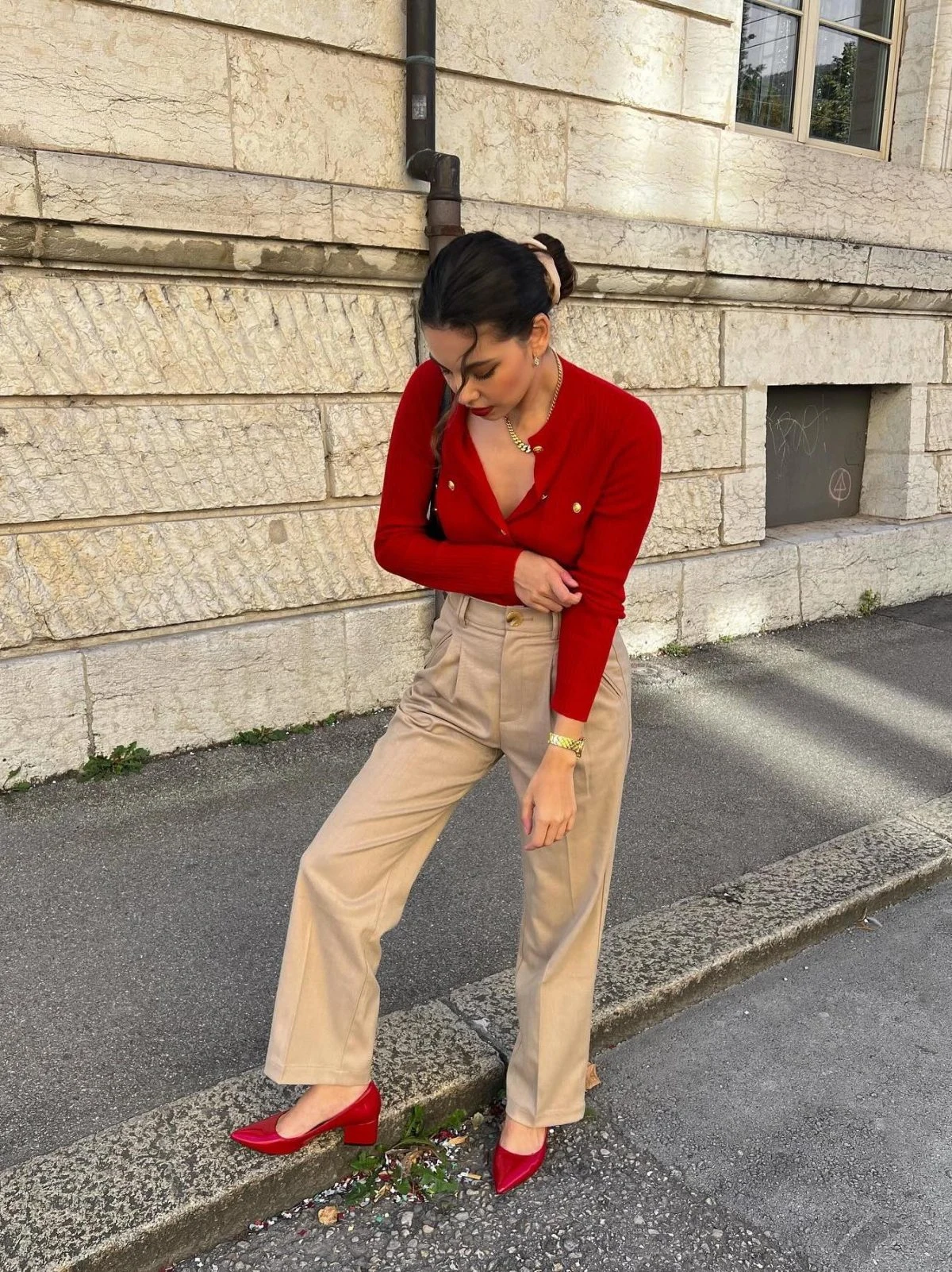 Red Cardigan Beige Wide-Leg Trousers Gold Button Outfit