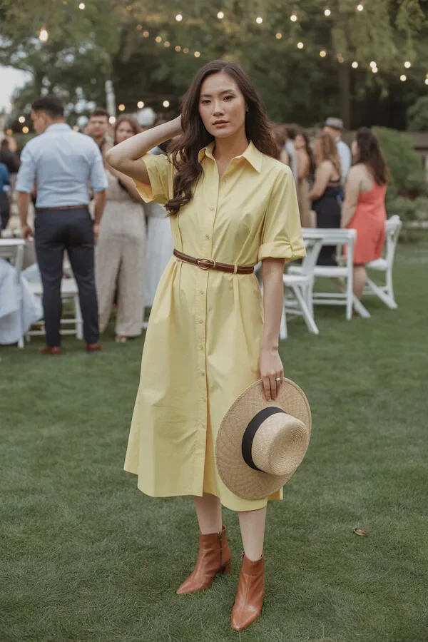 Yellow Shirt Dress with Brown Belt and Tan Boots Outfit