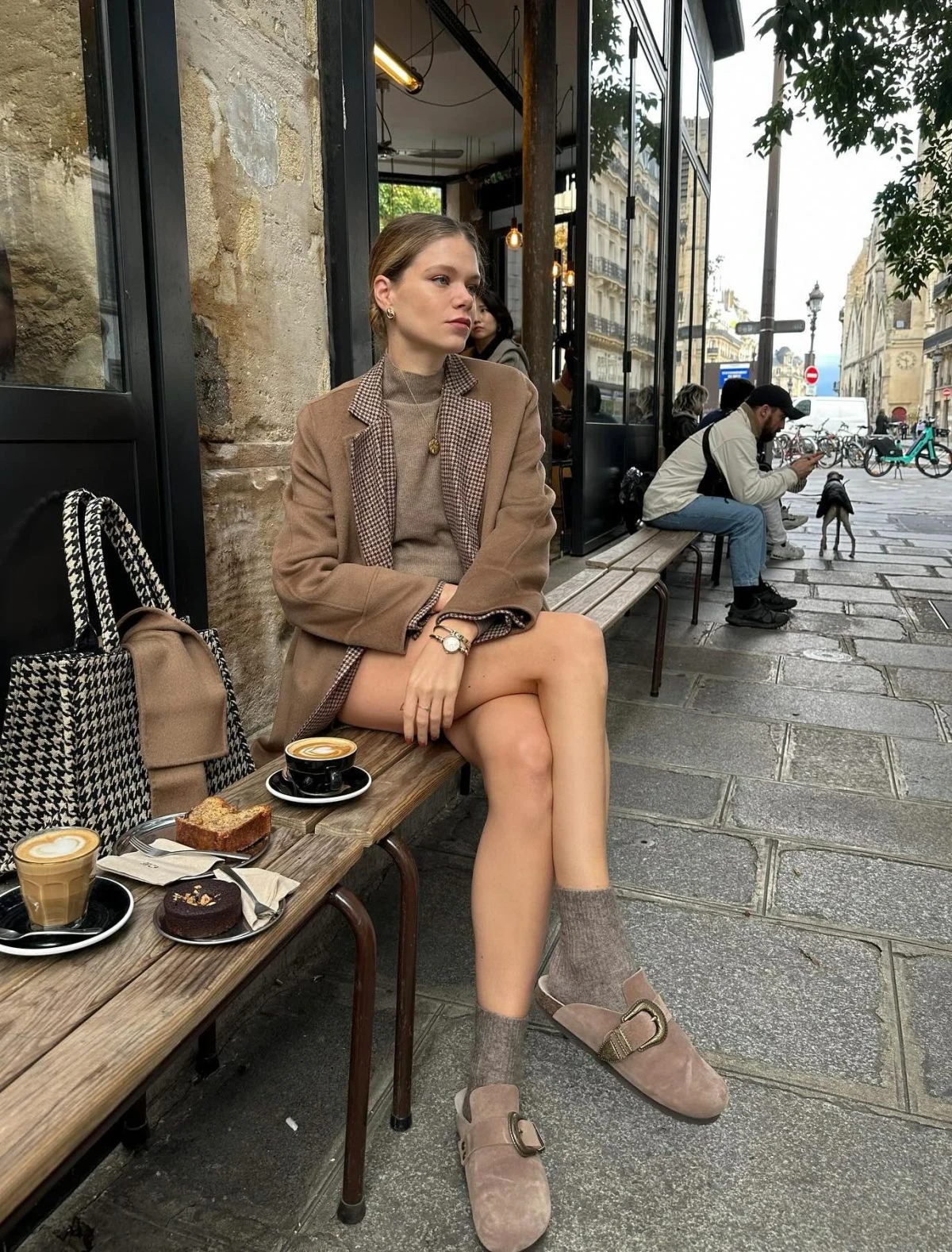 Camel Blazer Houndstooth Scarf Taupe Loafers Outfit