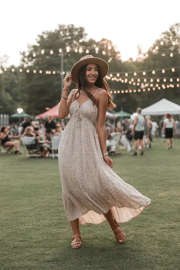 Cream Lace Midi Dress Outfit with Straw Fedora