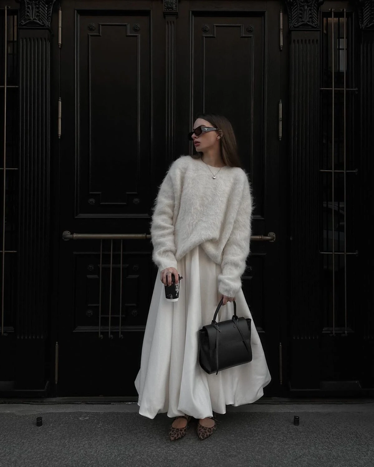 Cream Fuzzy Sweater White Maxi Skirt Outfit with Leopard Flats