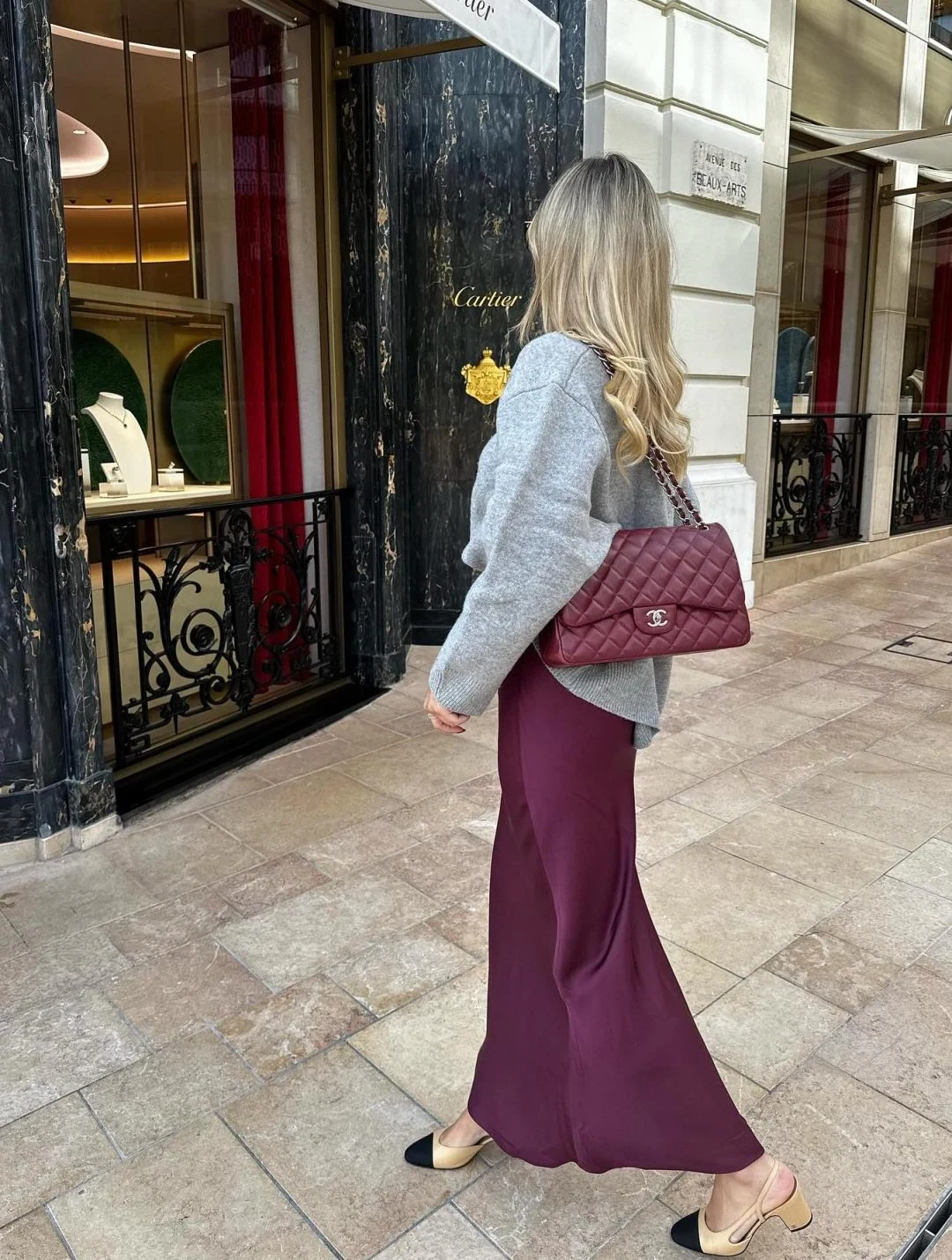 Grey Sweater Burgundy Silk Skirt Outfit with Chanel Bag