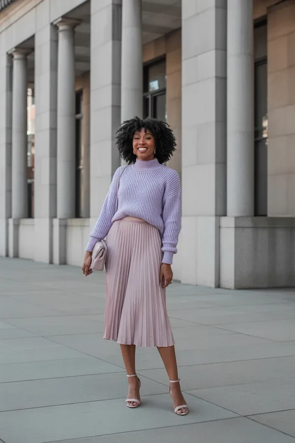 Lavender Ribbed Knit Sweater with Pleated Midi Skirt Outfit