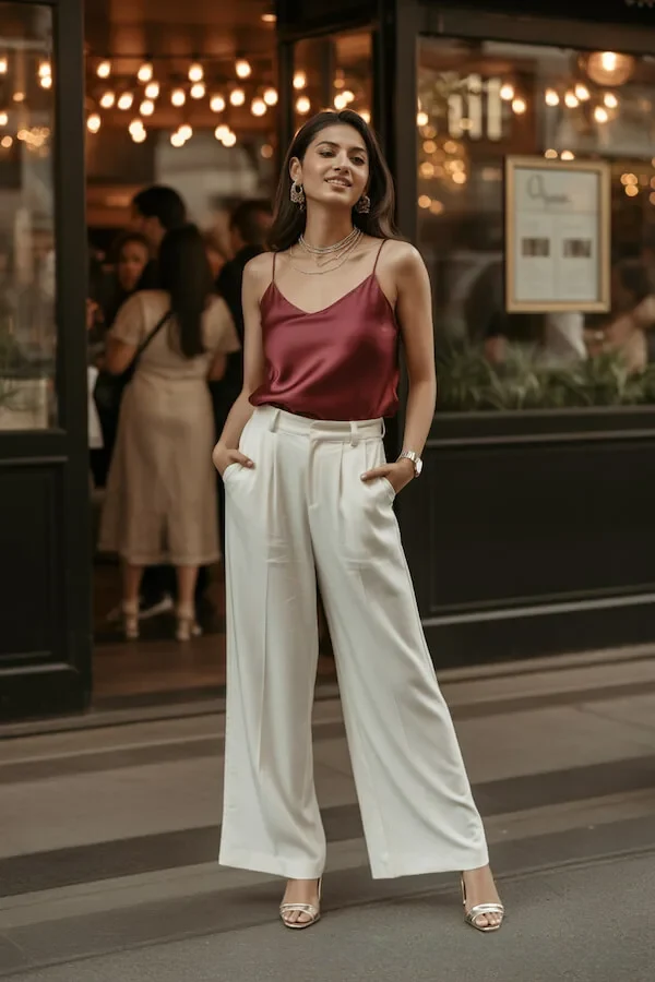 Burgundy Silk Cami Wide-Leg Trousers Outfit