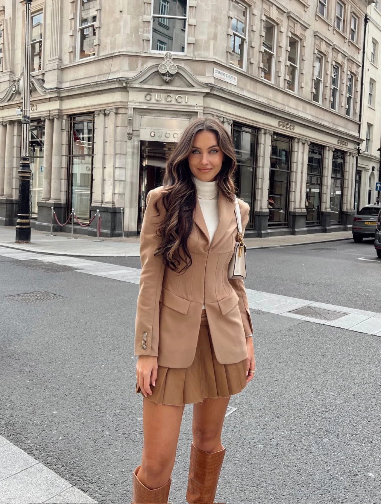 Camel Blazer Pleated Mini Skirt Outfit with Turtleneck