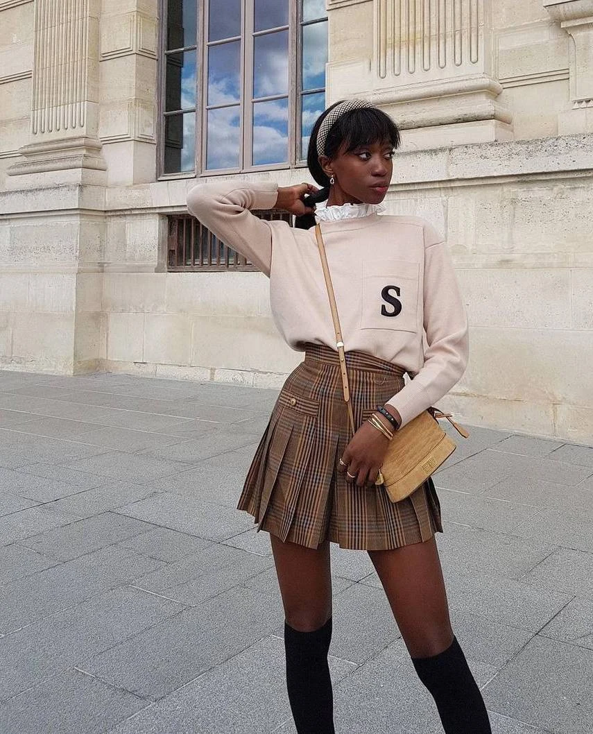 Beige Varsity Sweater Brown Plaid Skirt Outfit