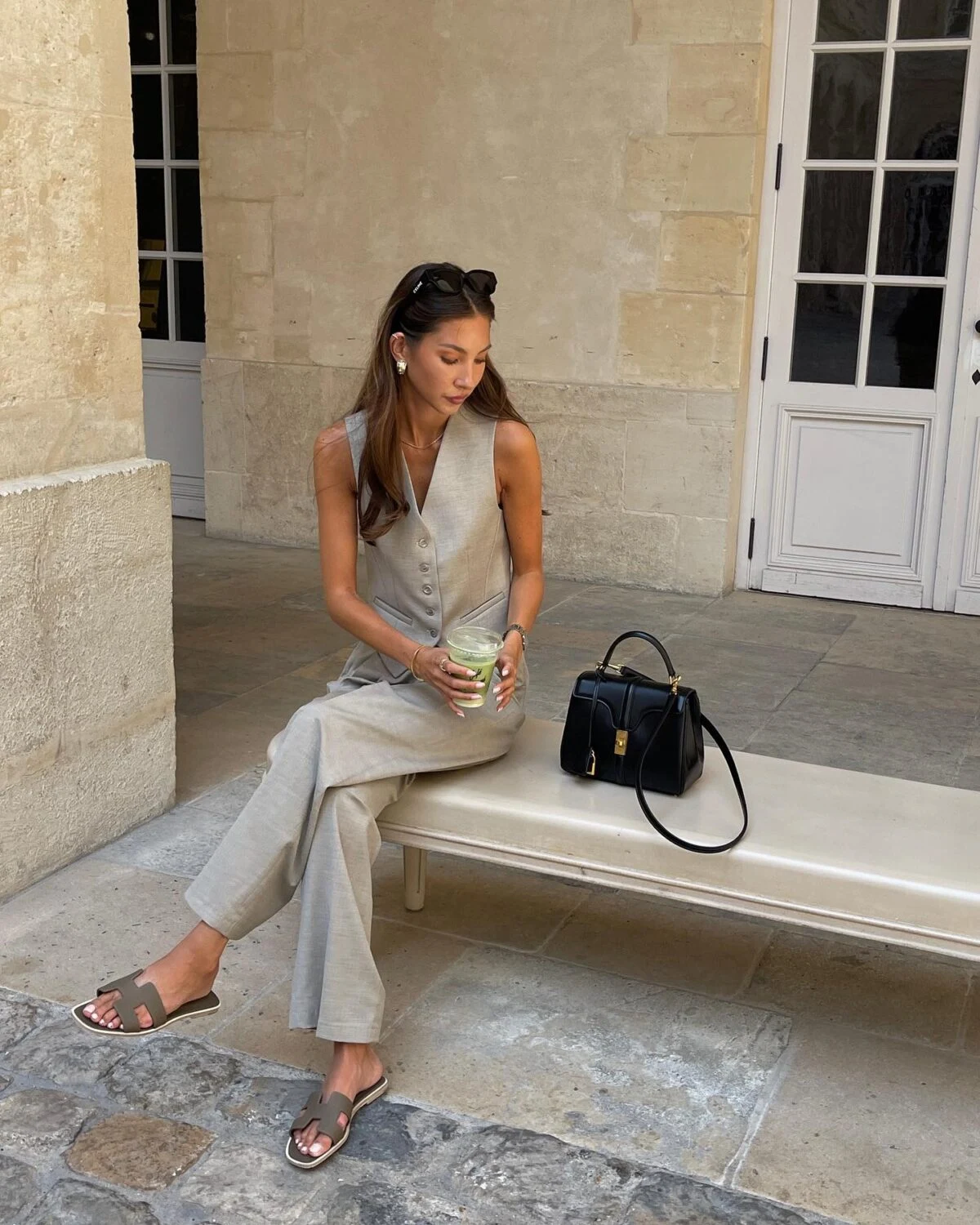Grey Linen Waistcoat and Wide-Leg Trousers Summer Outfit