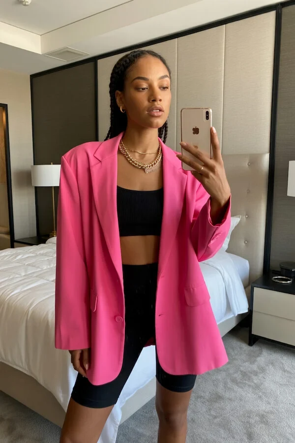 Hot Pink Oversized Blazer with Black Bralette and Bike Shorts