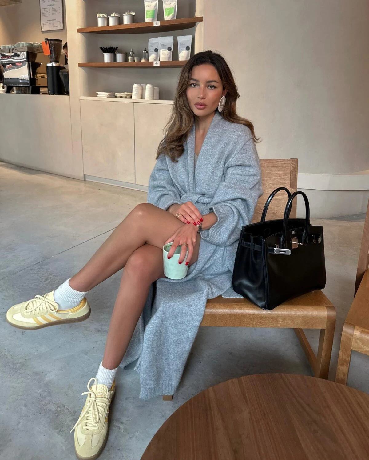Grey Knit Cardigan Dress with Yellow Sneakers Outfit