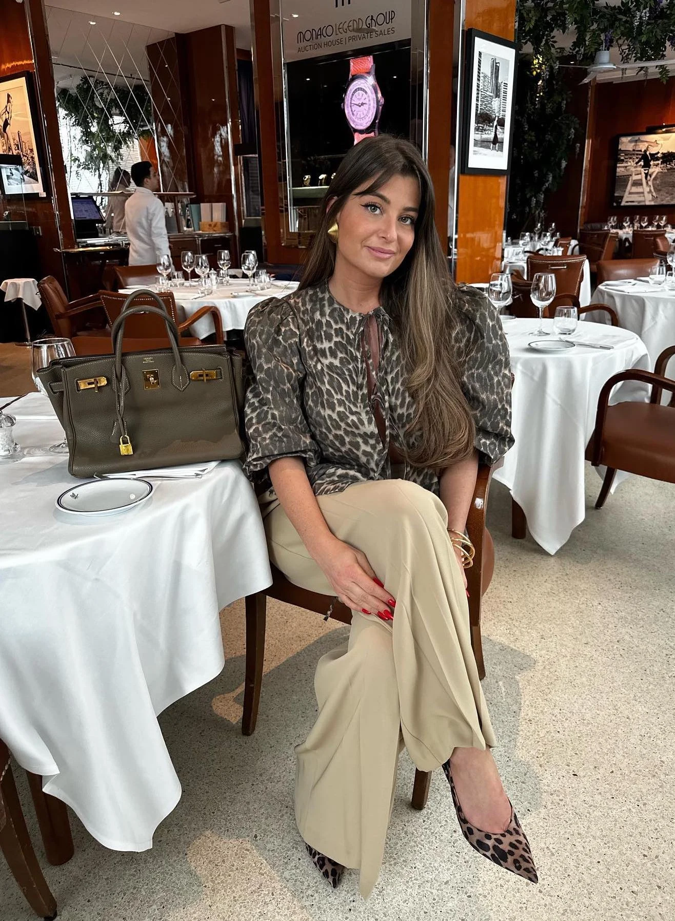 Leopard Print Blouse Outfit with Wide-Leg Trousers