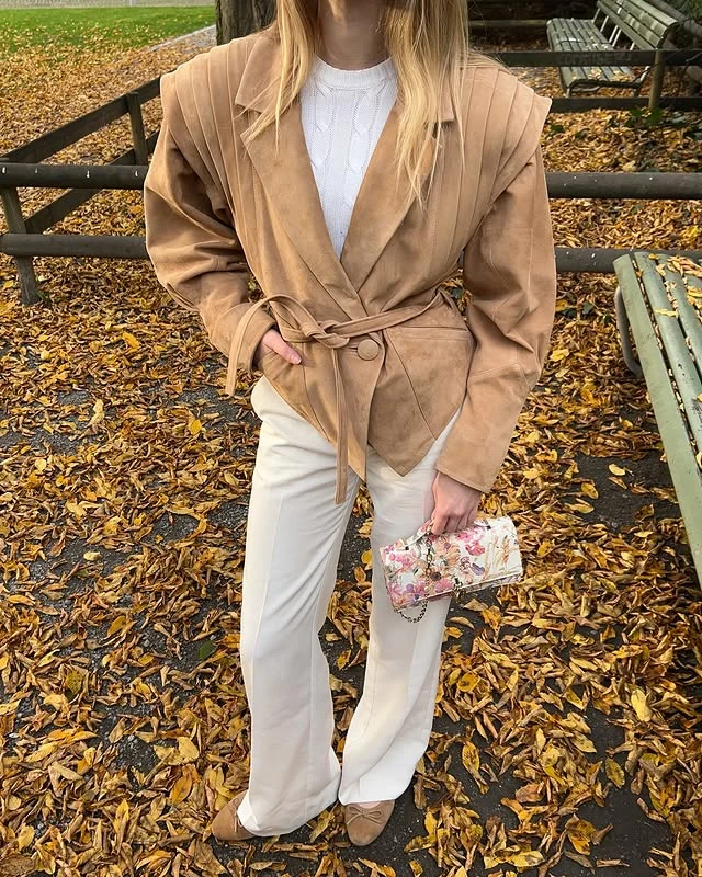 Camel Belted Blazer Outfit with Cream Wide-Leg Trousers
