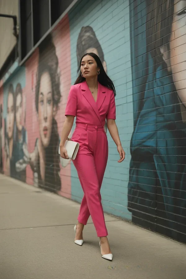 Hot Pink Belted Jumpsuit Outfit with White Pumps