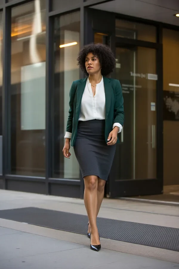 Forest Green Blazer White Blouse Navy Pencil Skirt Office Outfit