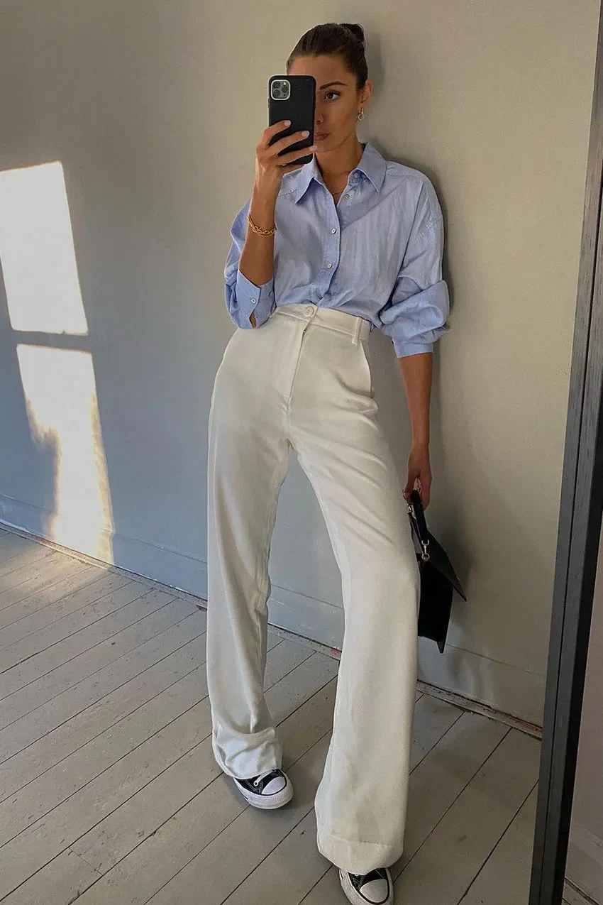 Blue Oversized Shirt Cream Wide-Leg Trousers Outfit
