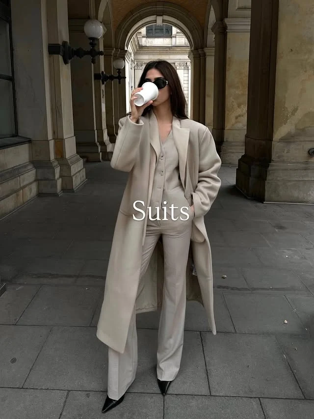 Beige Suit Outfit with Long Coat and Wide-Leg Trousers