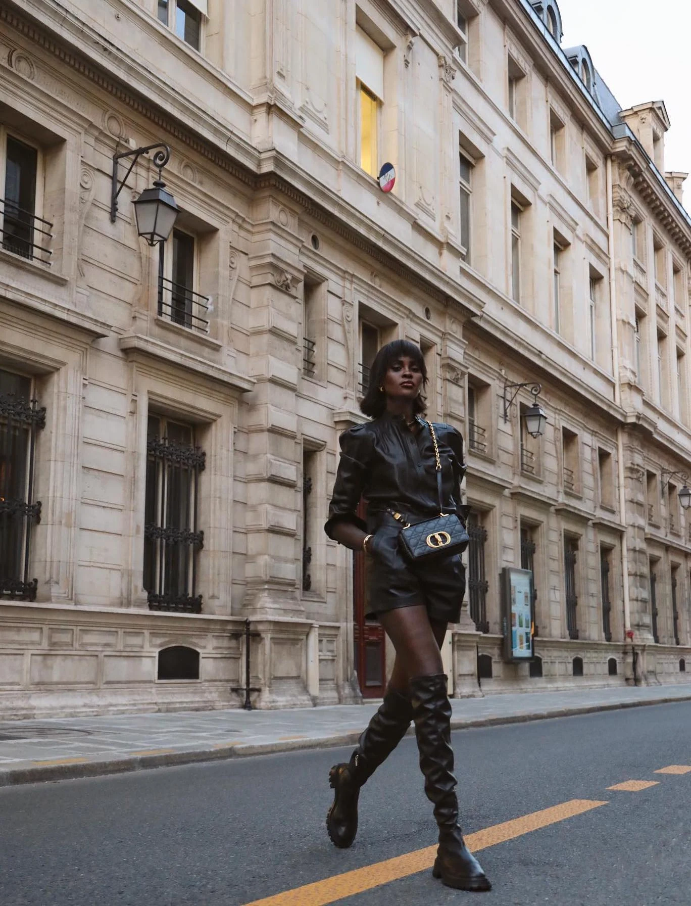 Black Leather Mini Dress Outfit with Knee-High Boots