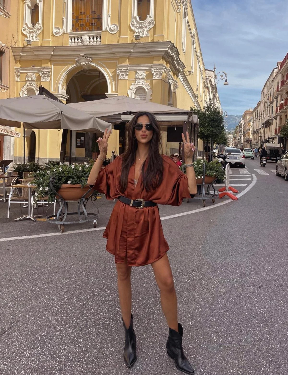 Rust Satin Shirt Dress Outfit with Black Leather Belt