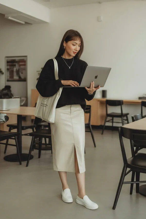 Black Sweater Vest White Pencil Skirt Outfit with Canvas Tote