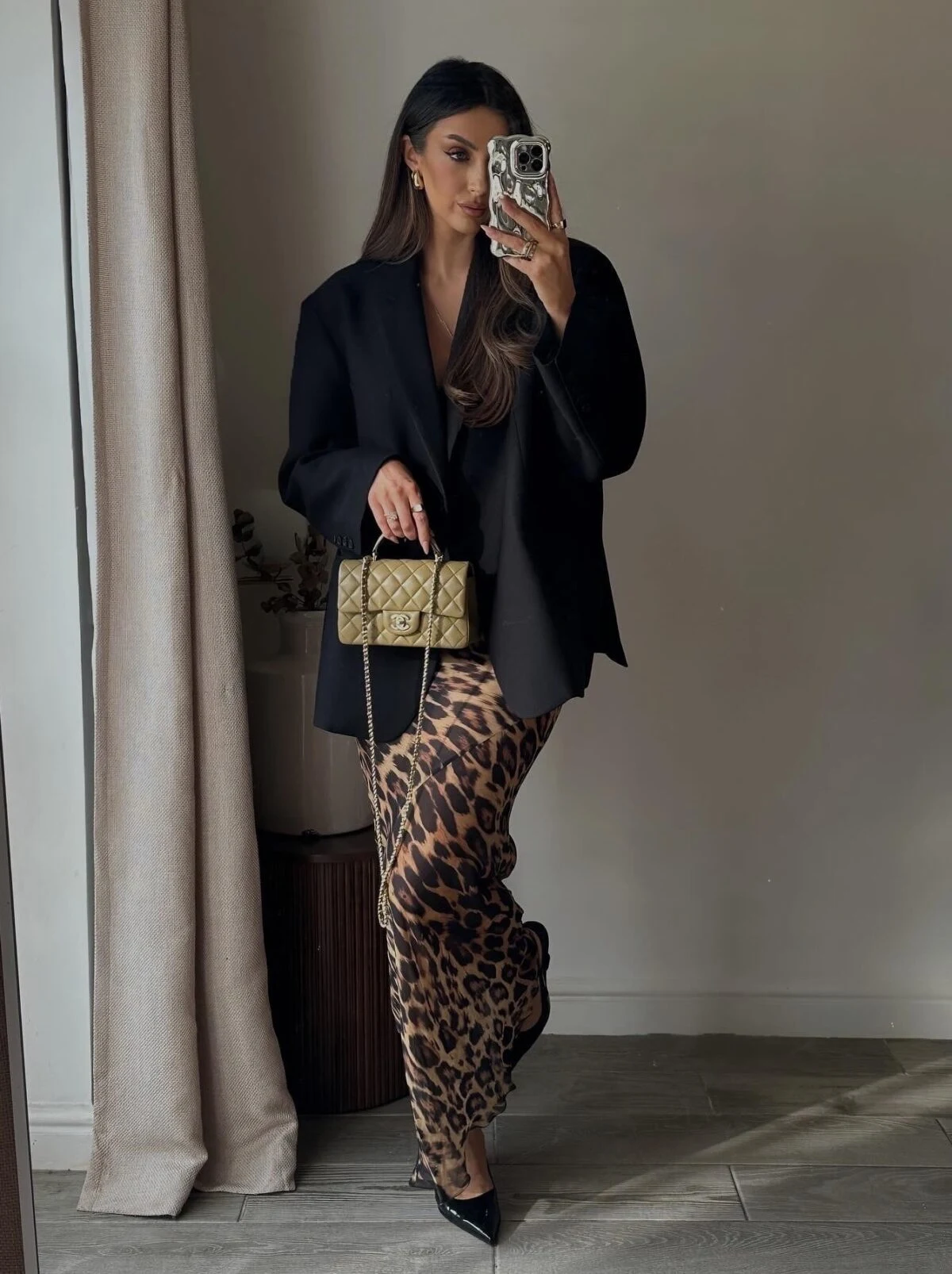 Black Blazer Leopard Print Trousers Outfit with Gold Bag
