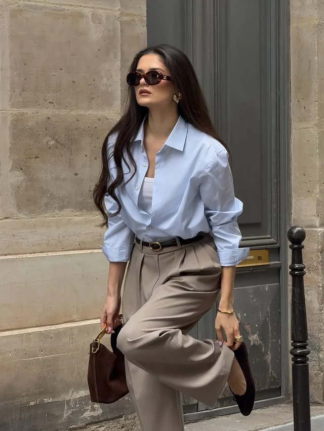 White Shirt Taupe Wide-Leg Trousers Outfit