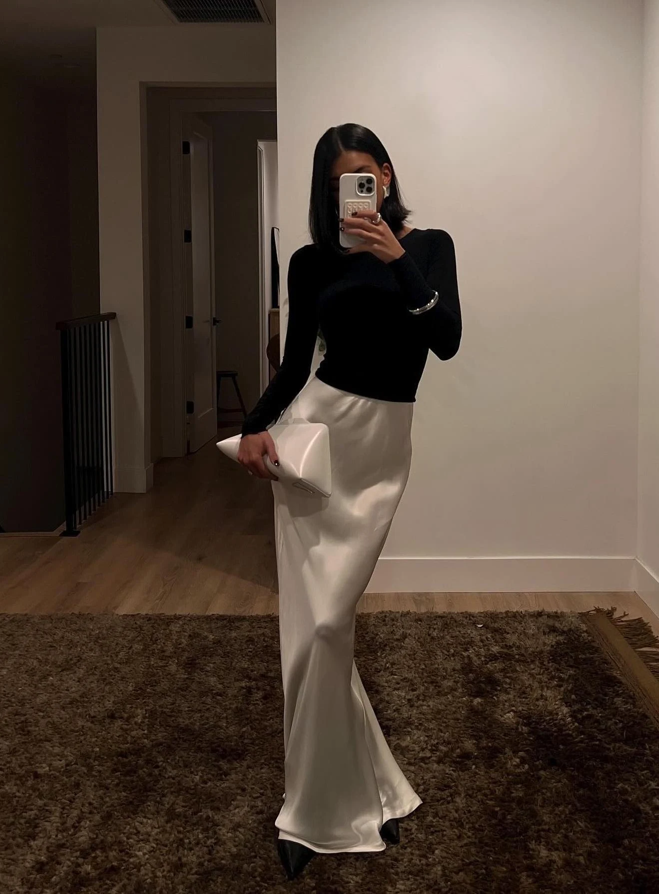 Black Sweater Ivory Satin Wide-Leg Trousers Outfit
