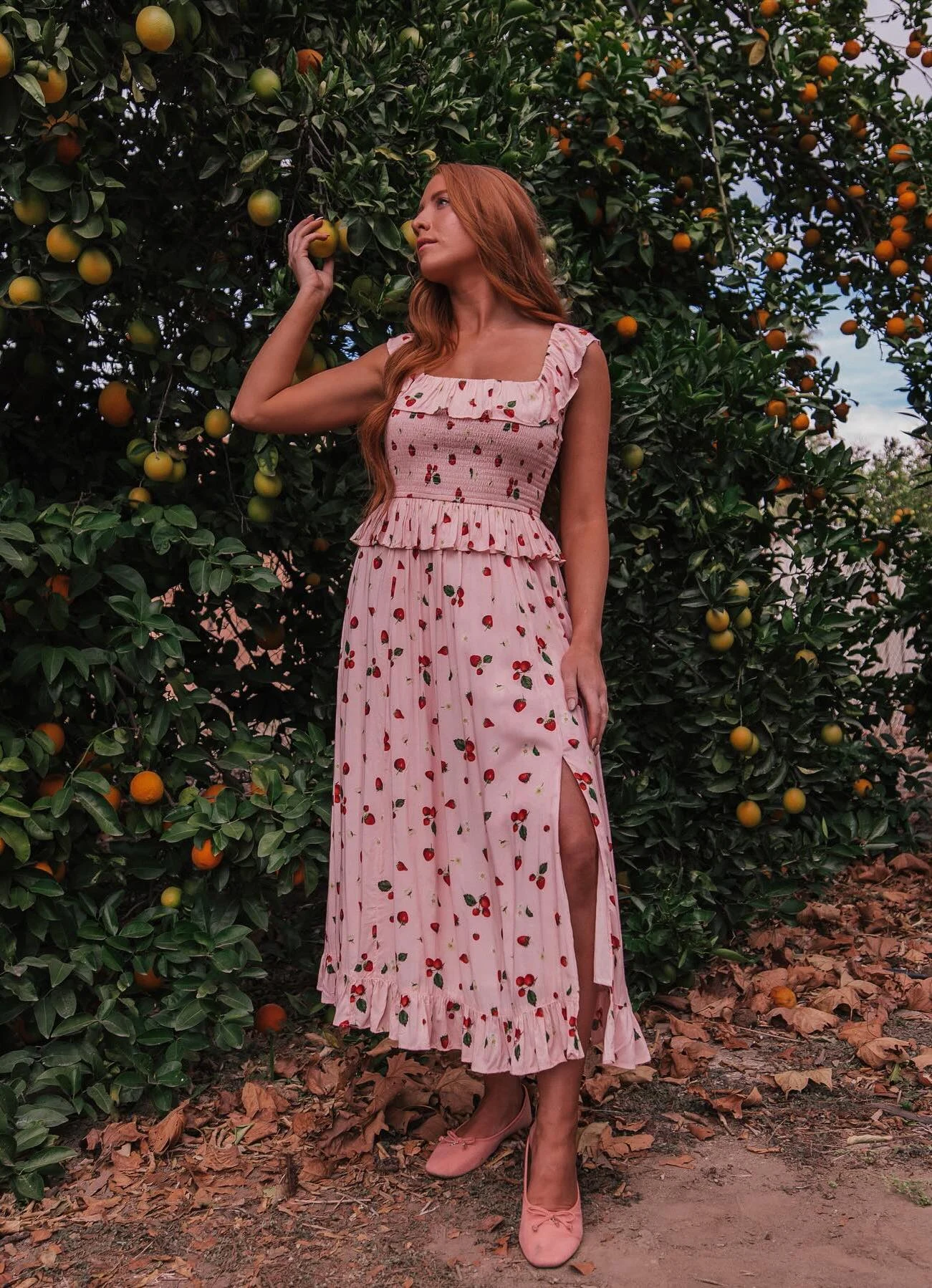 Pink Cherry Print Midi Dress Summer Outfit