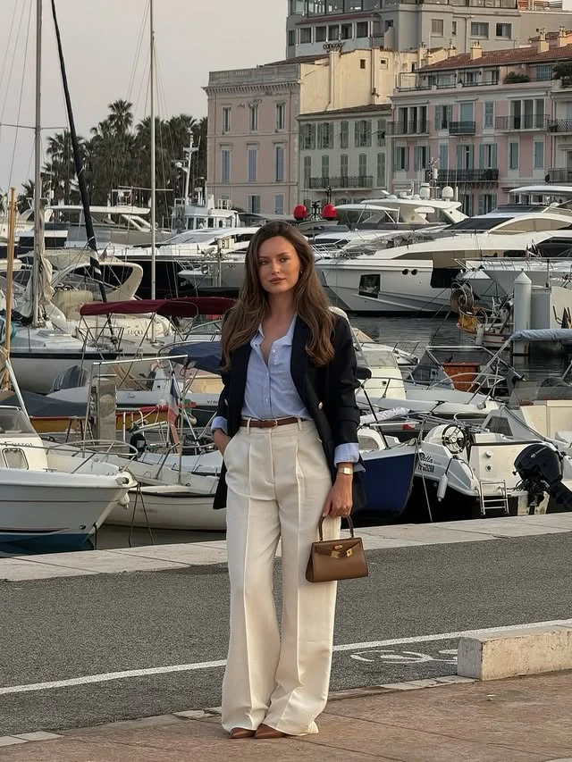 Black Blazer Ivory Wide-Leg Trousers Outfit