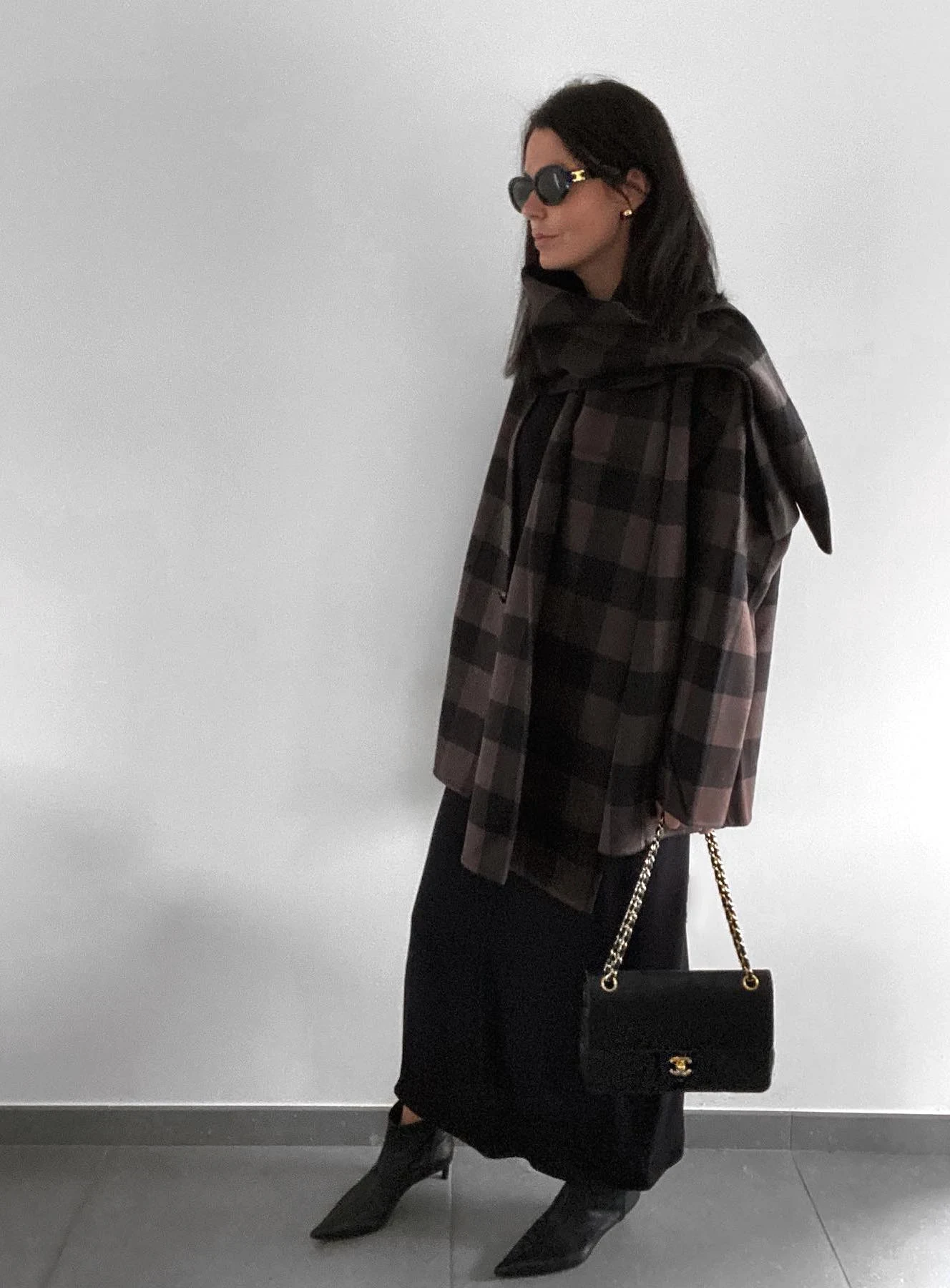 Plaid Cape Coat Outfit with Black Midi Skirt