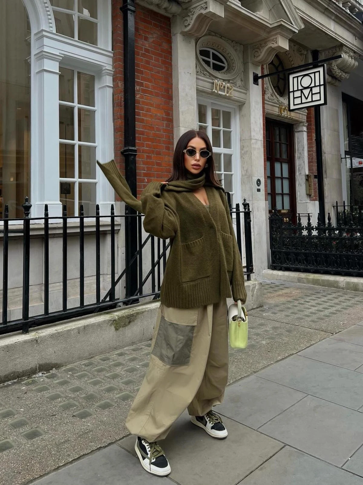Olive Green Oversized Sweater Outfit with Wide-Leg Trousers