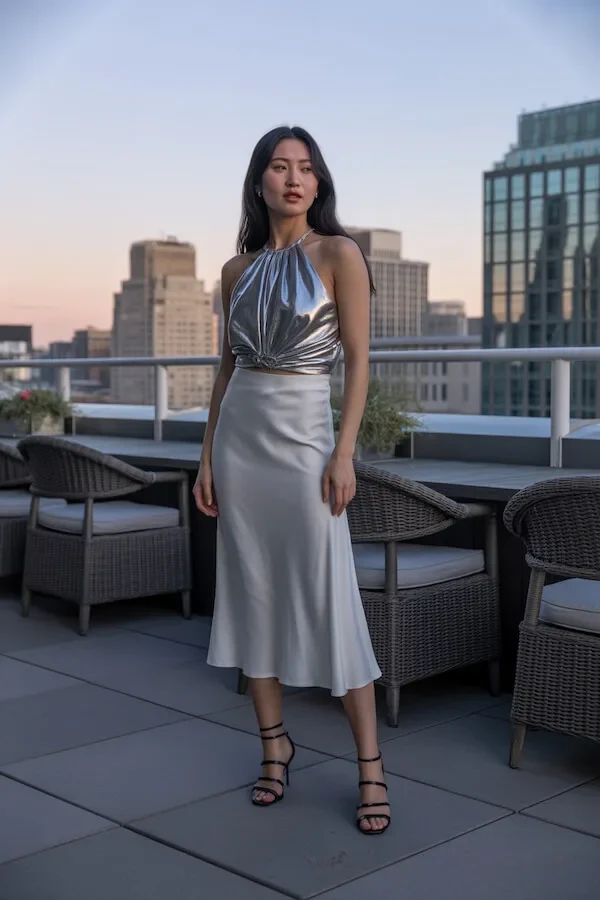 Silver Metallic Halter Top with Bias-Cut Midi Skirt Evening Outfit