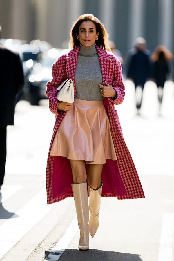 Pink Houndstooth Coat with Vinyl Mini Skirt and Boots