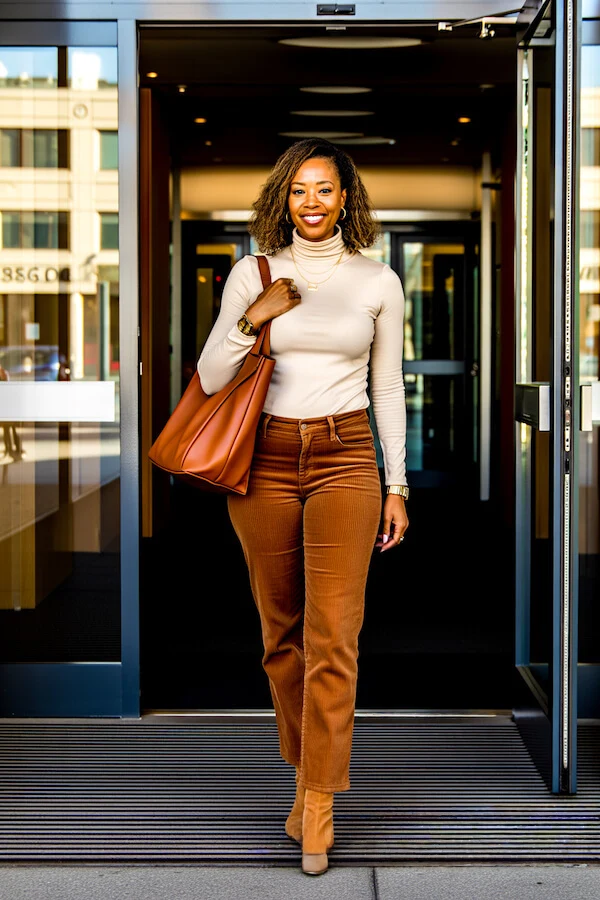 Cream Turtleneck Caramel Corduroy Flare Pants Outfit