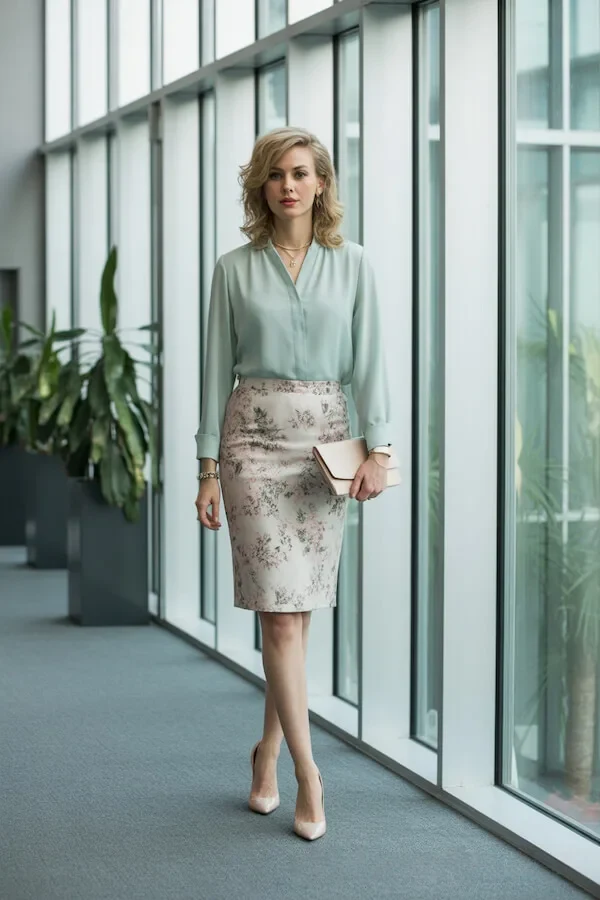 Mint Green Blouse and Floral Pencil Skirt Spring Office Outfit