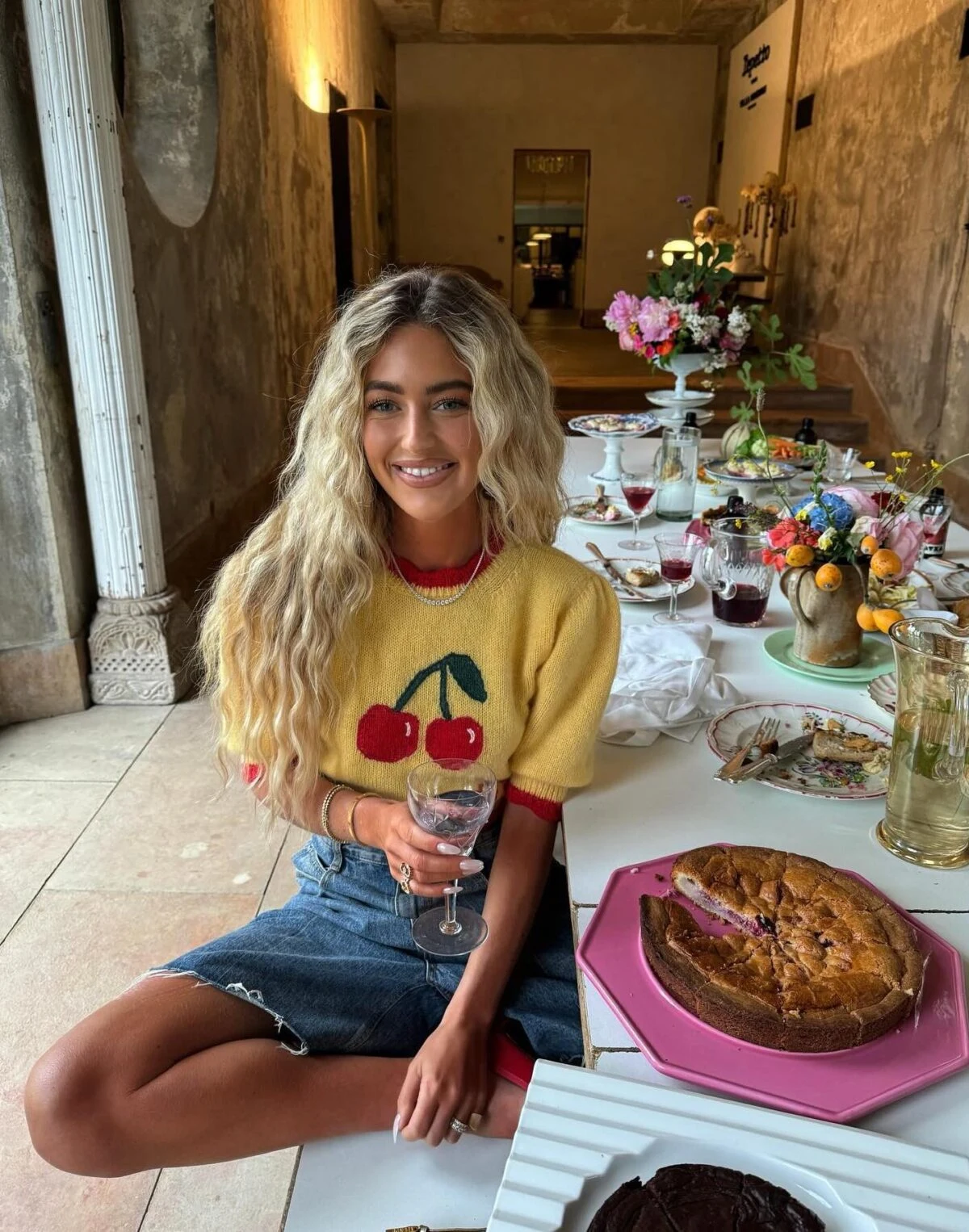 Yellow Cherry Knit Sweater with Denim Shorts