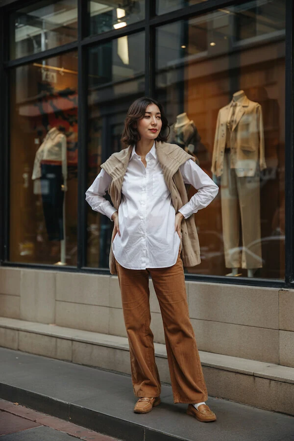 Oversized White Shirt Outfit with Camel Wide-Leg Trousers