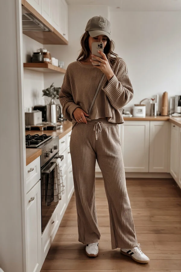 Taupe Ribbed Knit Co-Ord Set with Wide-Leg Trousers