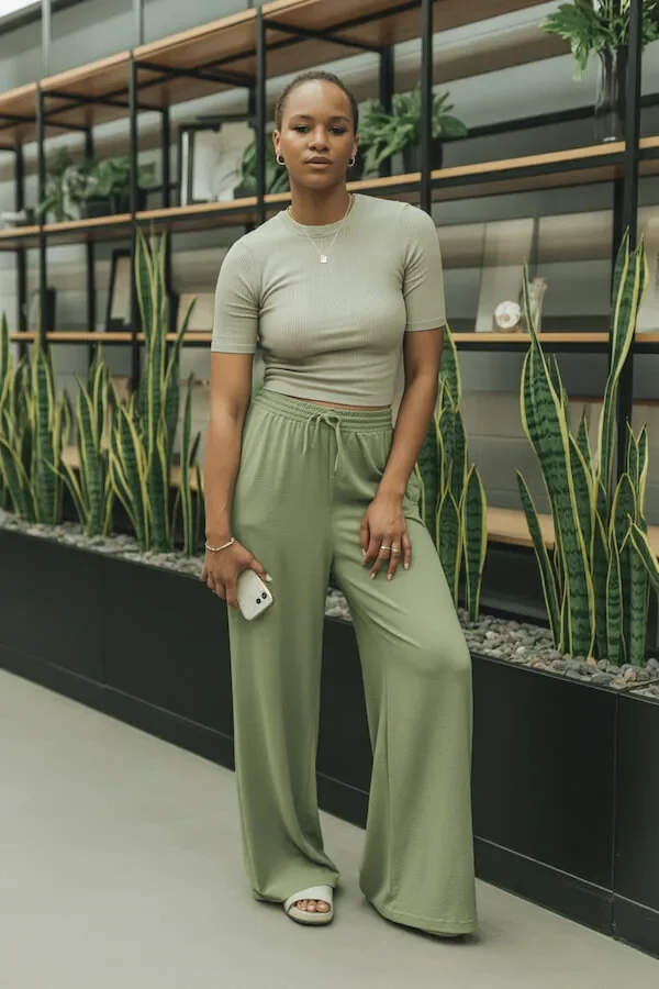 Sage Green Ribbed Knit Co-ord with Wide-Leg Trousers