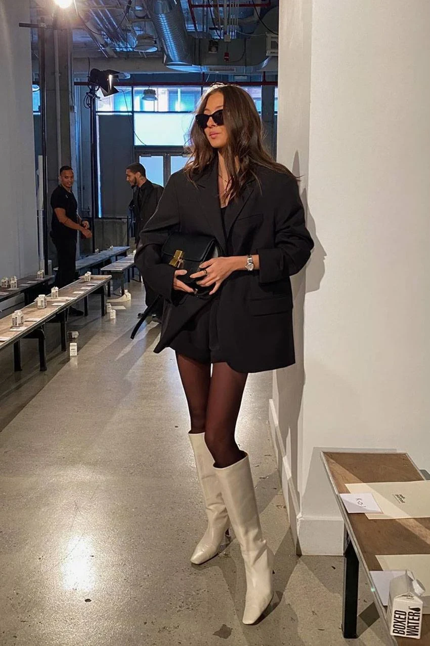 Black Oversized Blazer Mini Skirt Outfit with White Knee Boots
