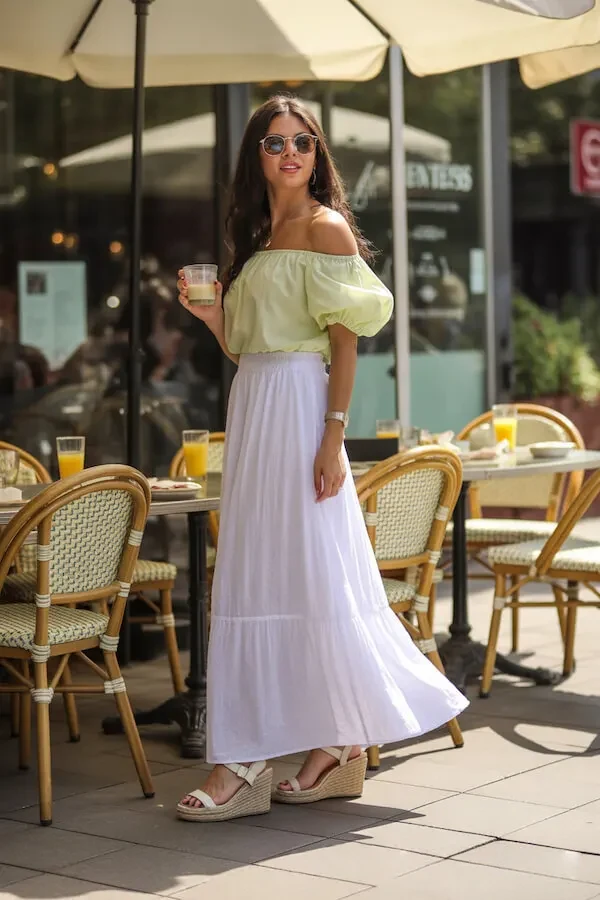 Pistachio Off-Shoulder Top White Tiered Maxi Skirt Summer Outfit