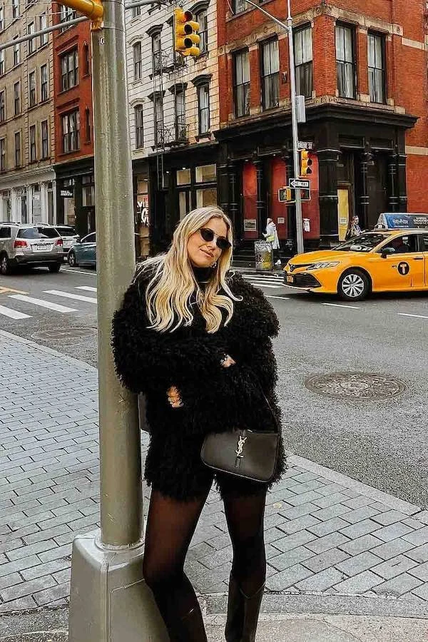 Black Teddy Coat Outfit with Mini Skirt and Boots