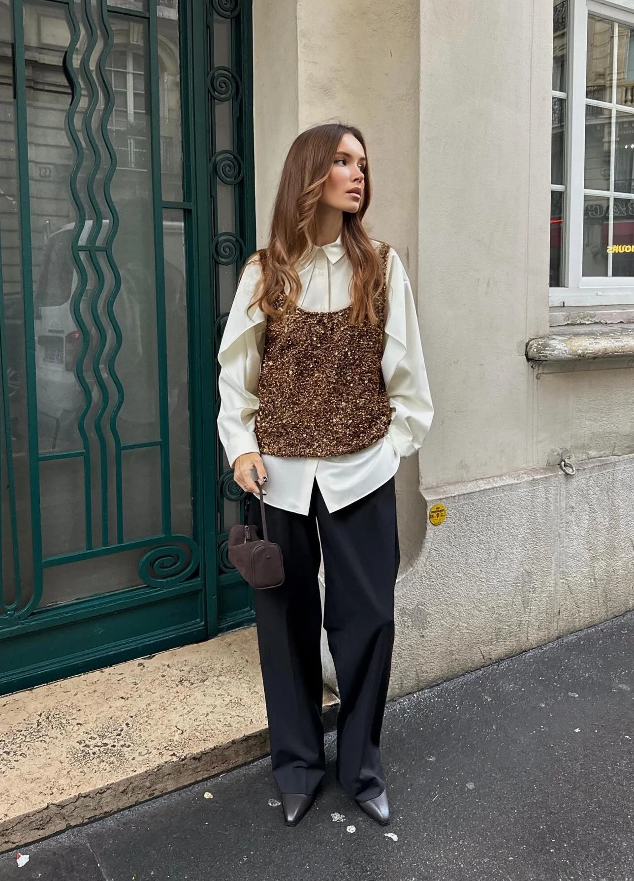 Bronze Sequin Vest Outfit with White Shirt Black Trousers