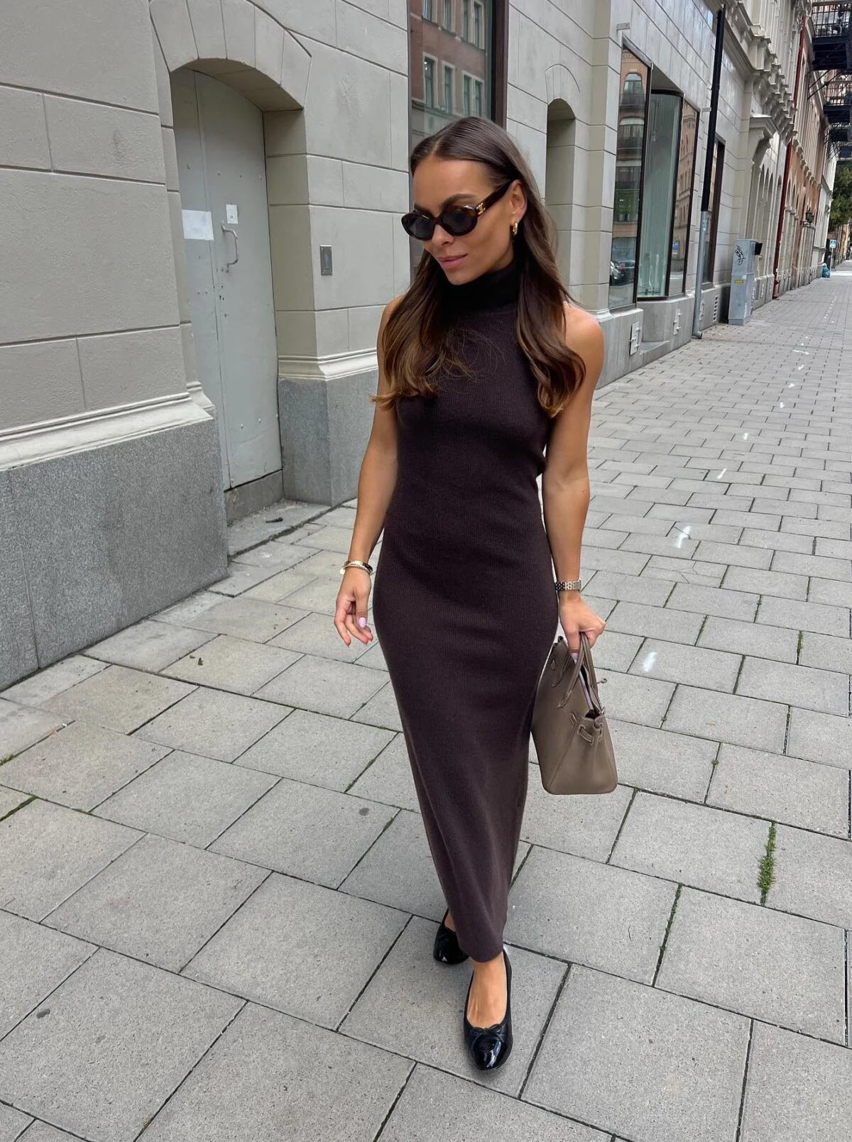 Chocolate Brown Sleeveless Turtleneck Maxi Dress Outfit