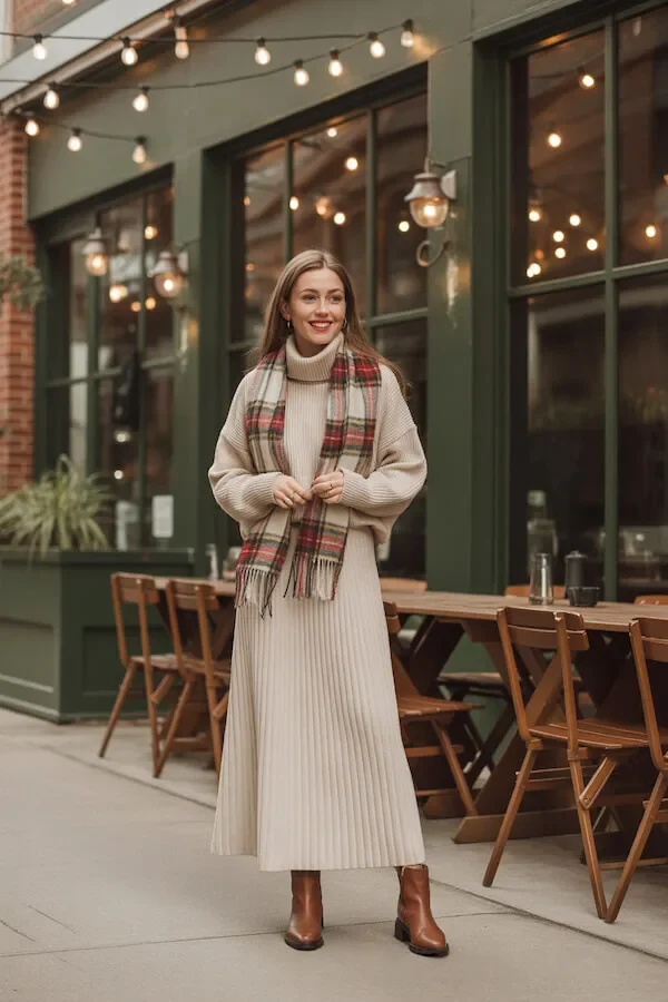 Cream Ribbed Knit Turtleneck Midi Dress with Plaid Scarf and Brown Boots