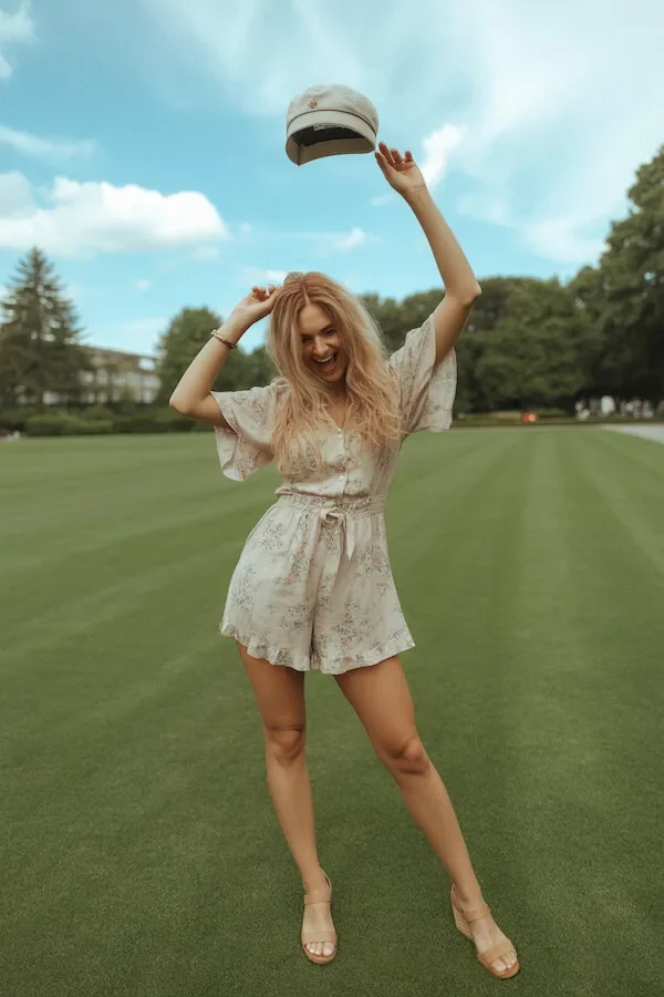 Floral Linen Romper with Baker Boy Cap Summer Outfit