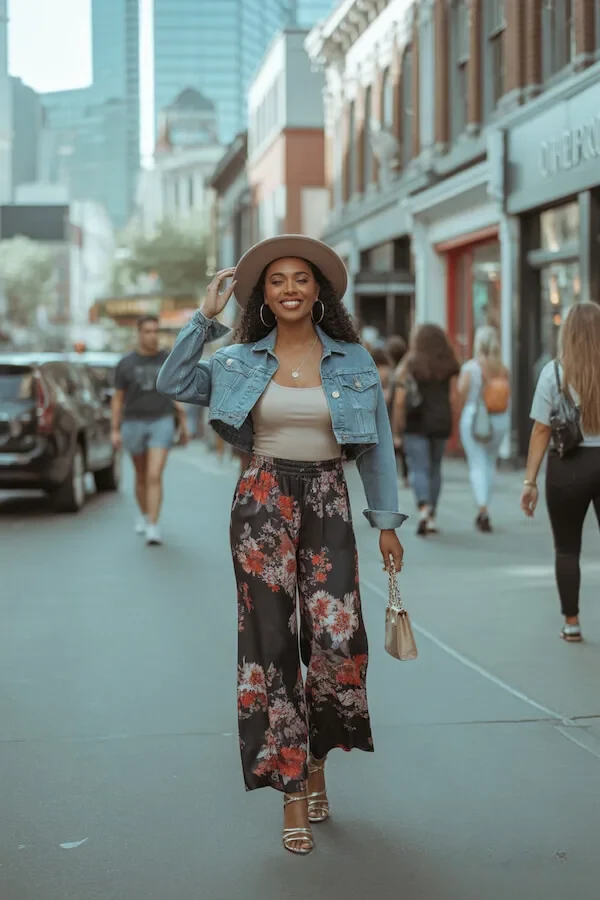 Cropped Denim Jacket with Floral Wide-Leg Trousers and Felt Hat