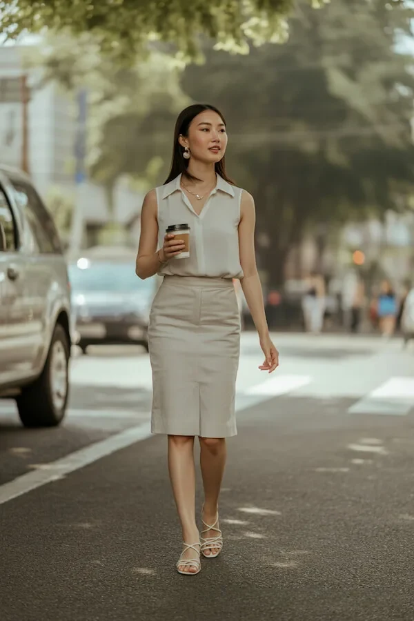 Cream Sleeveless Collared Top with Beige Pencil Skirt Outfit